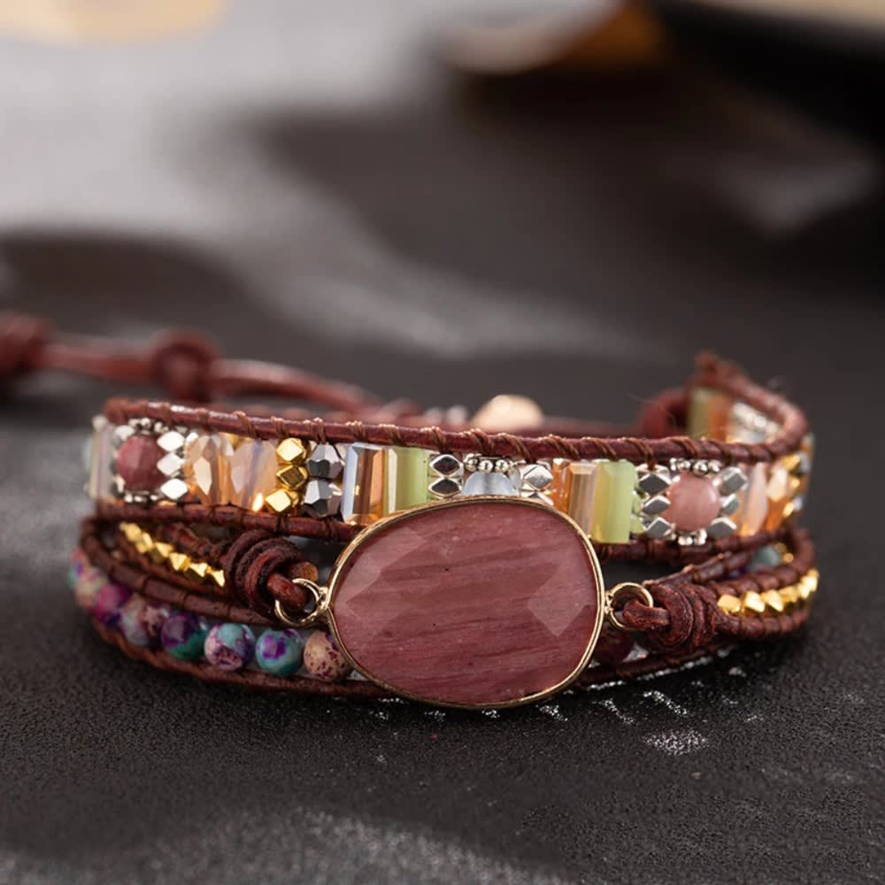 Natural Stone Bohe Bracelet Rose Stone Creative Bracelet Leather Multilayer Winding Bracelet for Women Girl Jewelry Gift